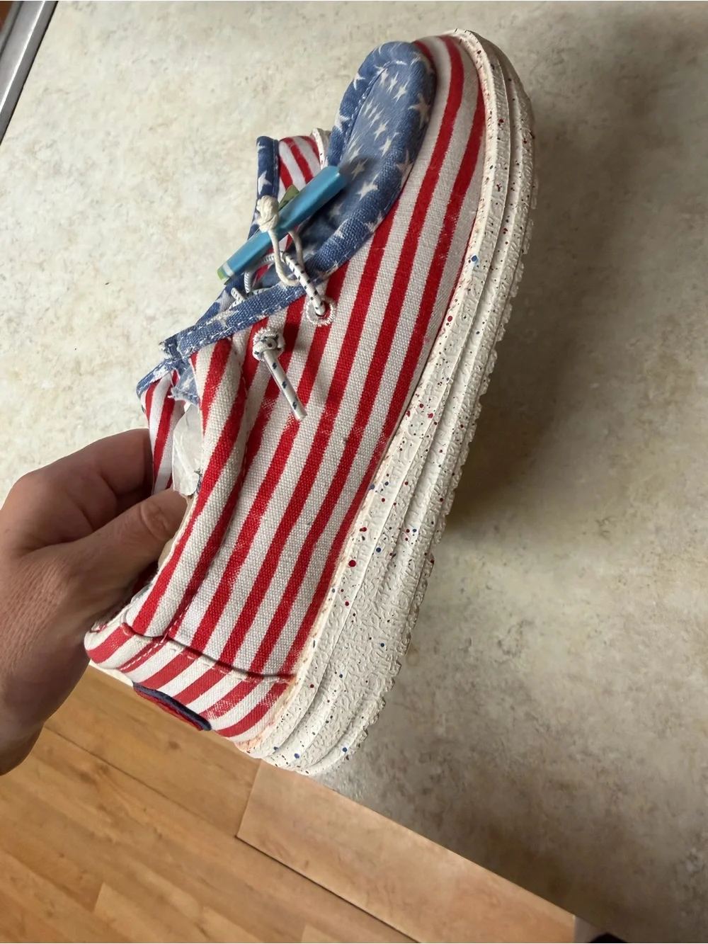 Hey Dude Kids Slip-On Sneakers in Blue with White Stars and Red Accents